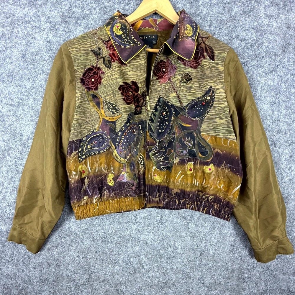 Vintage Ruby Cho Bomber Jacket Women XL Silk Artsy 90s Floral Beaded Full Zipper